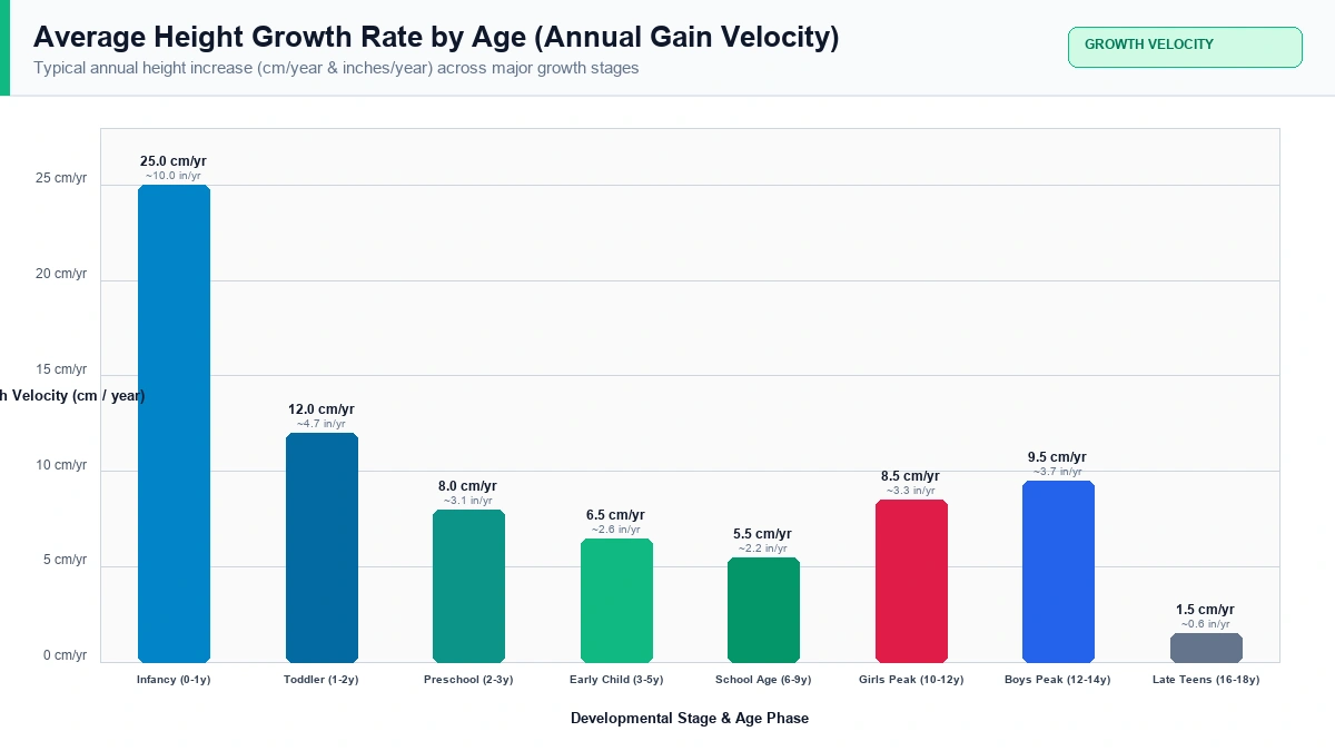 Average Height Growth Rate by Age Velocity Chart displaying annual stature increase in cm per year across developmental stages