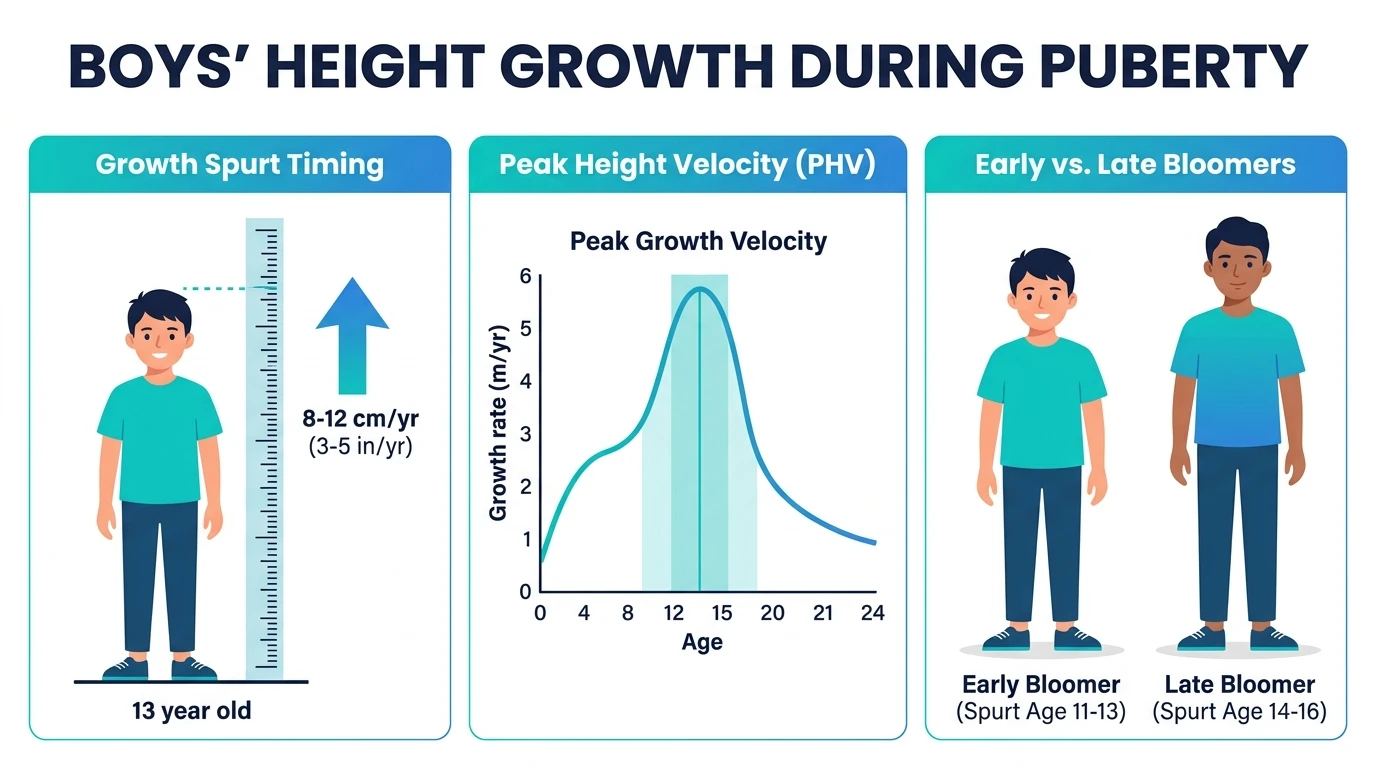 Boys' Height Growth During Puberty Infographic showing growth spurt timing, peak height velocity curve, and early vs. late bloomer patterns