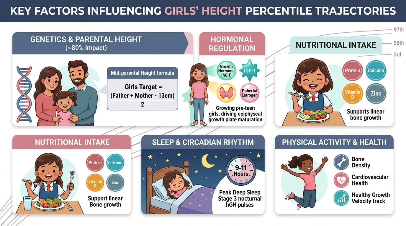 Key Factors Influencing Girls' Height Percentile Trajectories Infographic featuring girl characters across developmental stages, genetic mid-parental height formula for girls, endocrine hormonal regulation, nutritional intake, sleep circadian rhythm, and physical activity