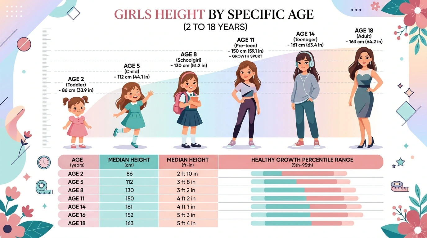 Girls Height by Specific Age Infographic (2 to 18 Years) featuring girl character milestones across developmental stages, 50th percentile median heights, and healthy growth percentile ranges