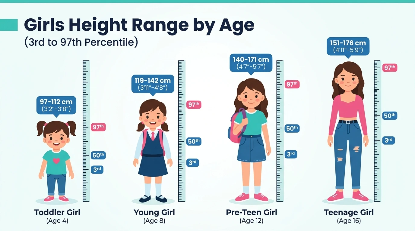 Girls Height Range by Age Infographic illustrating female height ranges from 3rd to 97th percentile across age stages