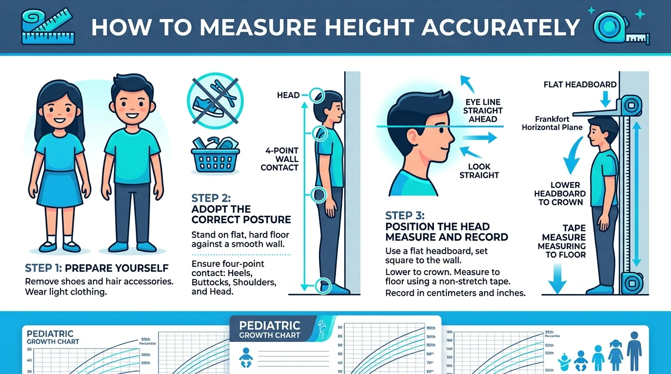 How to Measure Standing Height Accurately Infographic showing character posture, 4-point wall contact, Frankfort plane, and clinical protocol
