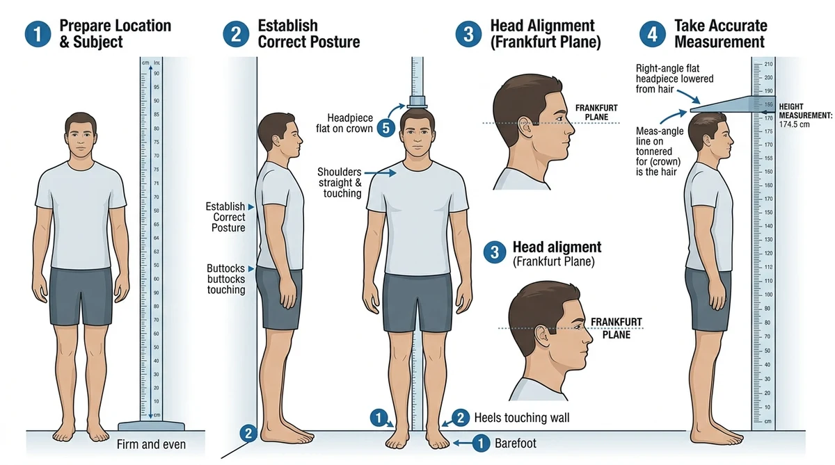 Clinical measurement protocol diagram for standing height accuracy against a wall