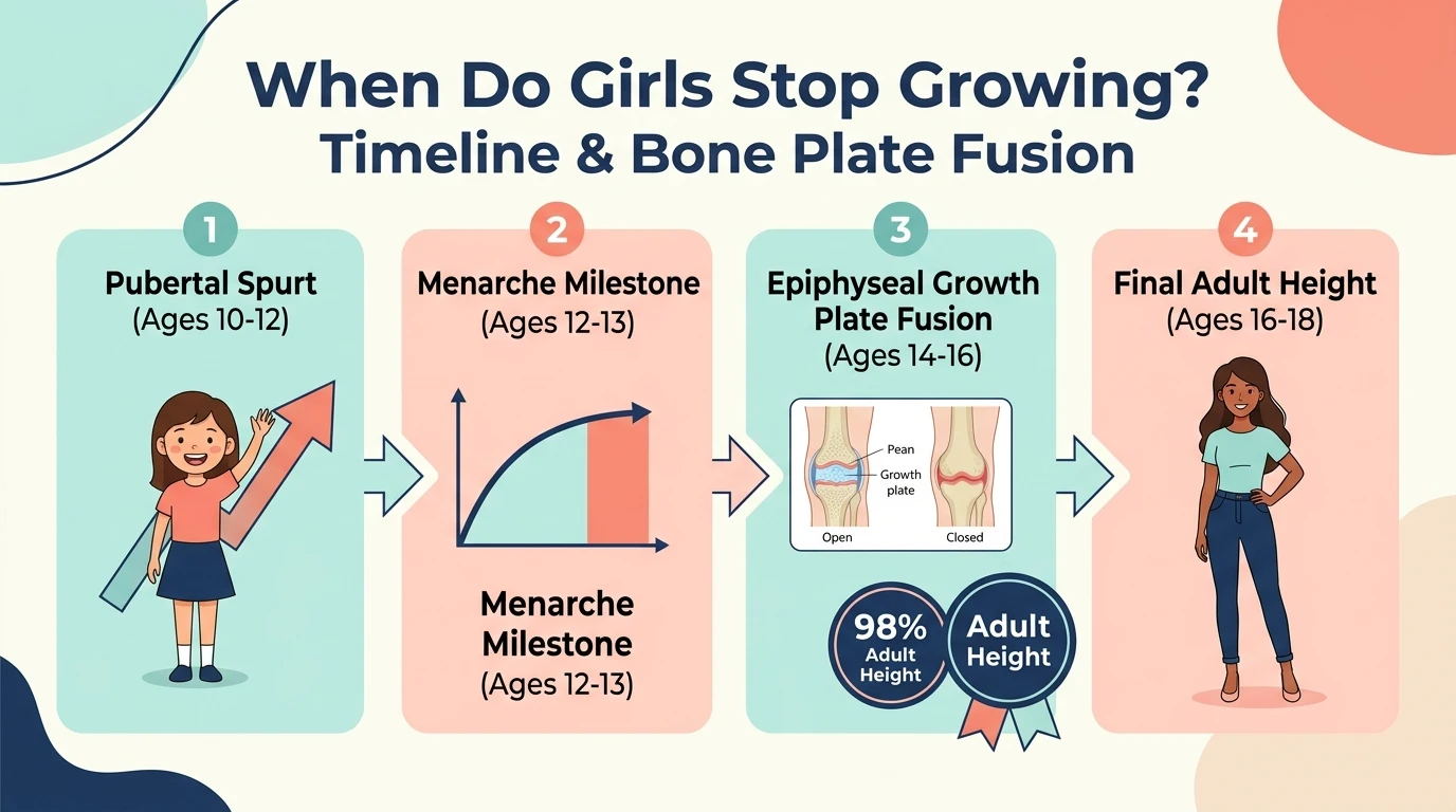 When Do Girls Stop Growing Infographic showing pubertal spurt, menarche milestone, epiphyseal growth plate fusion, and final adult height